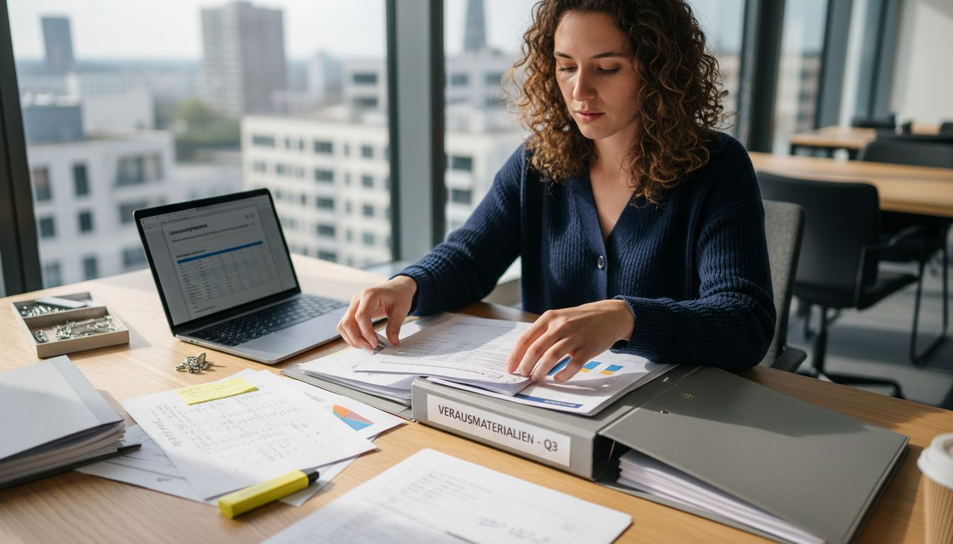 Eine Mitarbeiterin sortiert und ordnet Abschlussunterlagen an ihrem Schreibtisch.