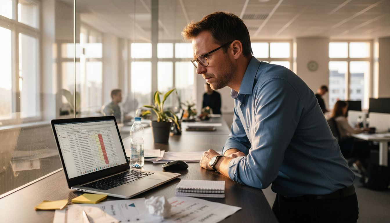 Eine Führungskraft analysiert eine Excel-Tabelle, um die Effizienz im Vertrieb zu überprüfen.