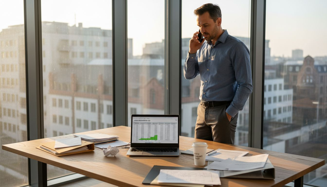 Der Vertriebsleiter kümmert sich im Büro um die Organisation von Outsourcing-Prozessen.