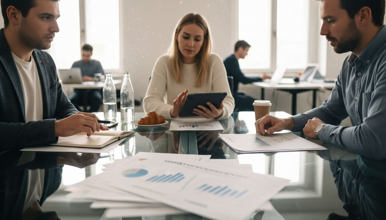 Das Außendienstteam bespricht gemeinsam die aktuellen Berichte.