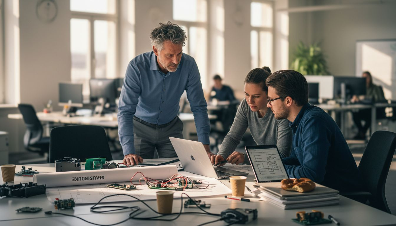 Ein technisches B2B-Team bespricht gemeinsam Baupläne und tauscht sich über Details aus.