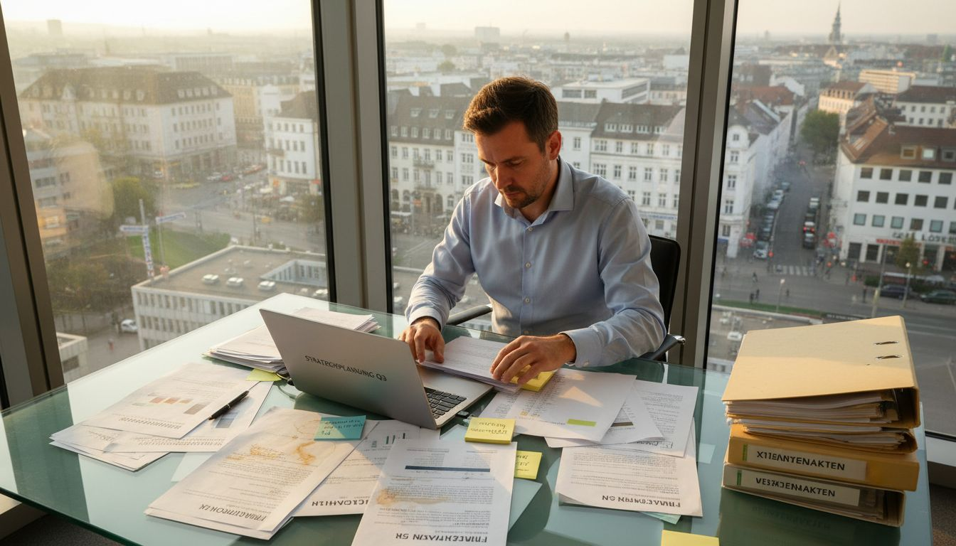 Ein Geschäftsmann arbeitet an Unterlagen für den Vertrieb an Firmenkunden – sein Schreibtisch ist dabei völlig überladen.