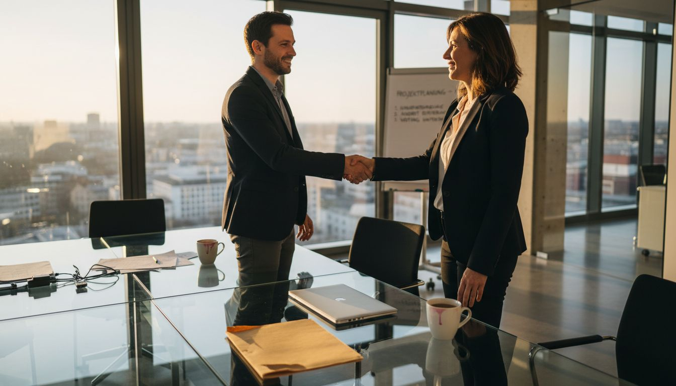 Eine Verkäuferin begrüßt einen Kunden in ihrem Büro.
