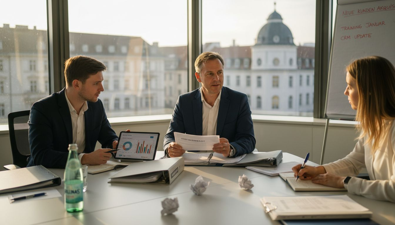 Der Vertriebsleiter moderiert im Büro eine Strategiebesprechung mit dem B2B-Team.