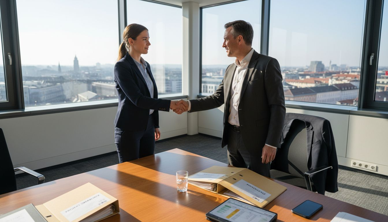 Geschäftspartner aus dem B2B-Bereich besiegeln ihre Zusammenarbeit mit einem Handschlag im Büro.