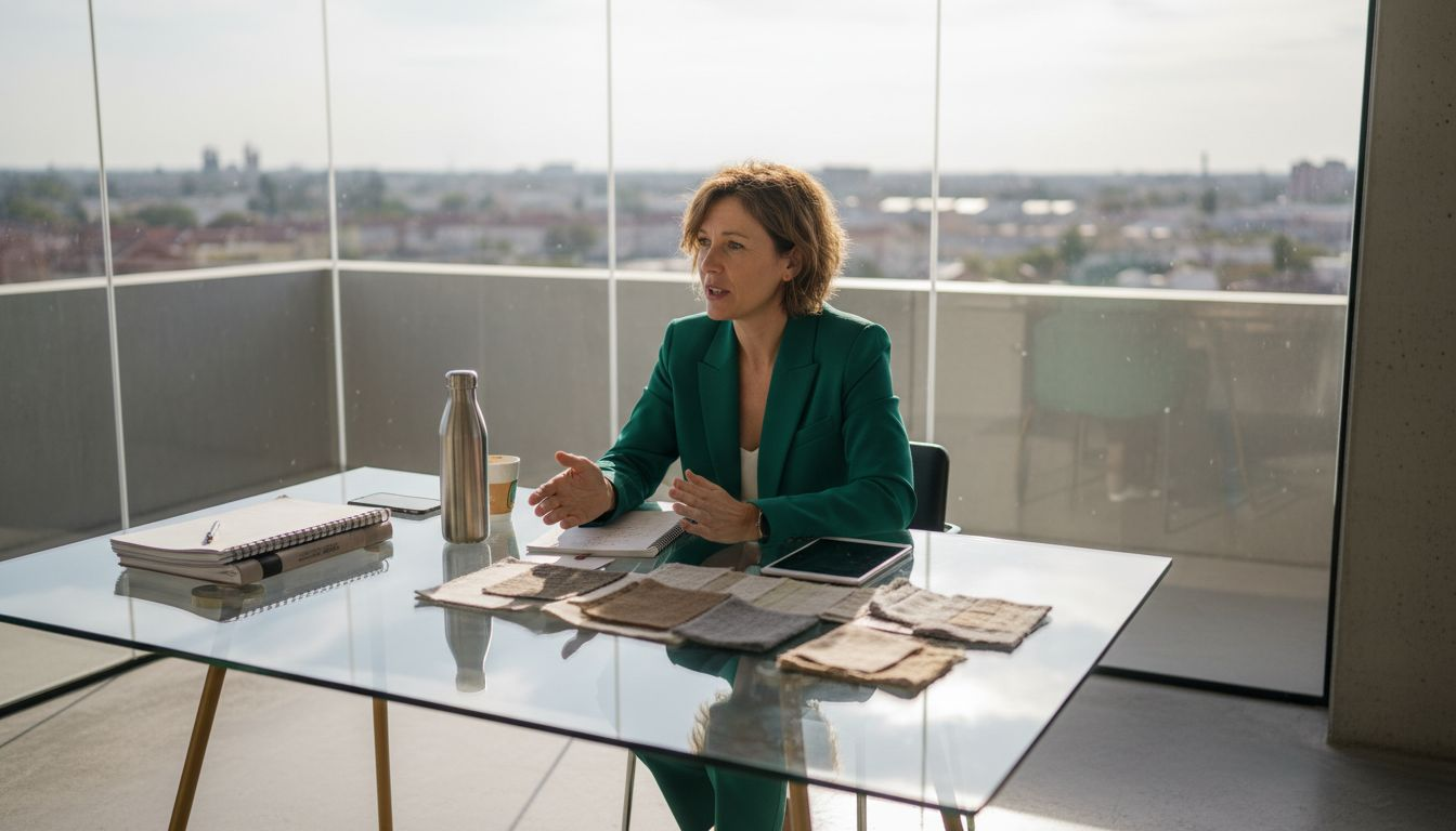 Woman discussing eco textiles at meeting table