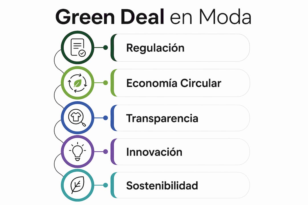 Infografía con los pasos esenciales del Green Deal aplicados al sector de la moda