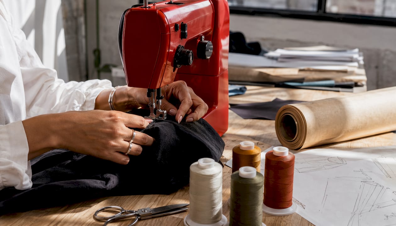 Close-up of hands sewing garment by machine