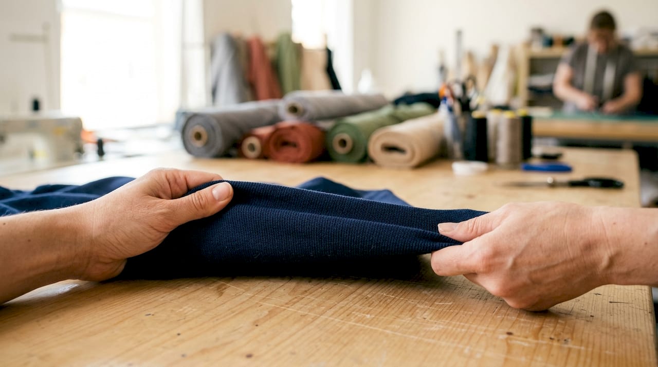 Unas manos revisan cuidadosamente una tela elástica destinada a la confección de prendas de moda.