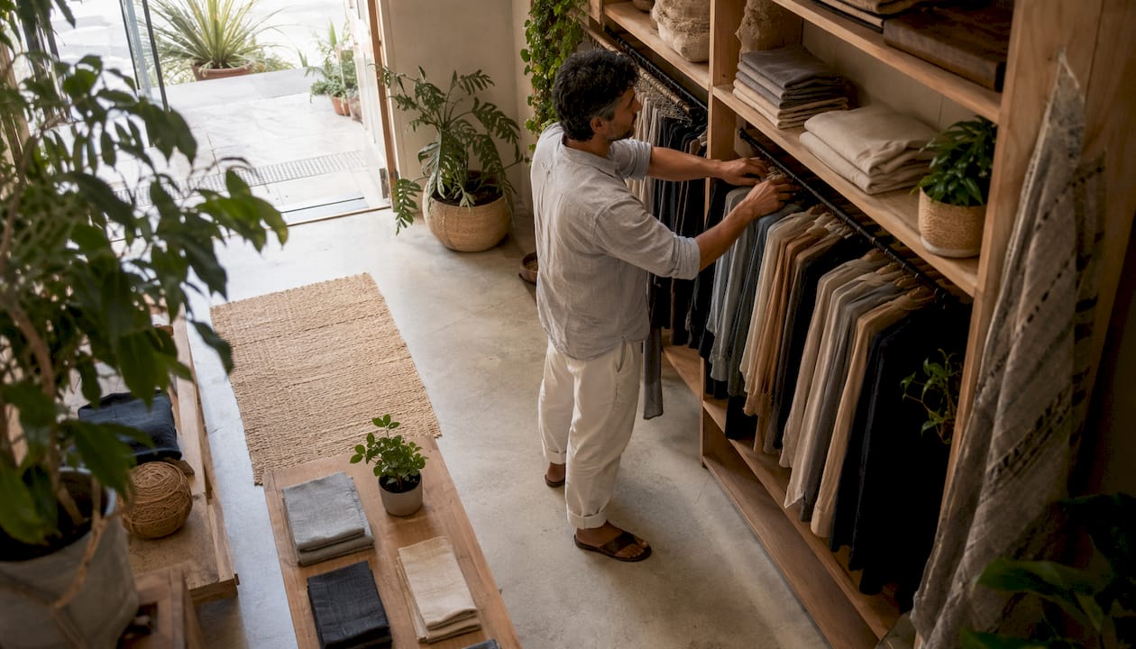 Un estilista retoca prendas ecológicas en una boutique, asegurándose de que cada detalle refleje una moda responsable.
