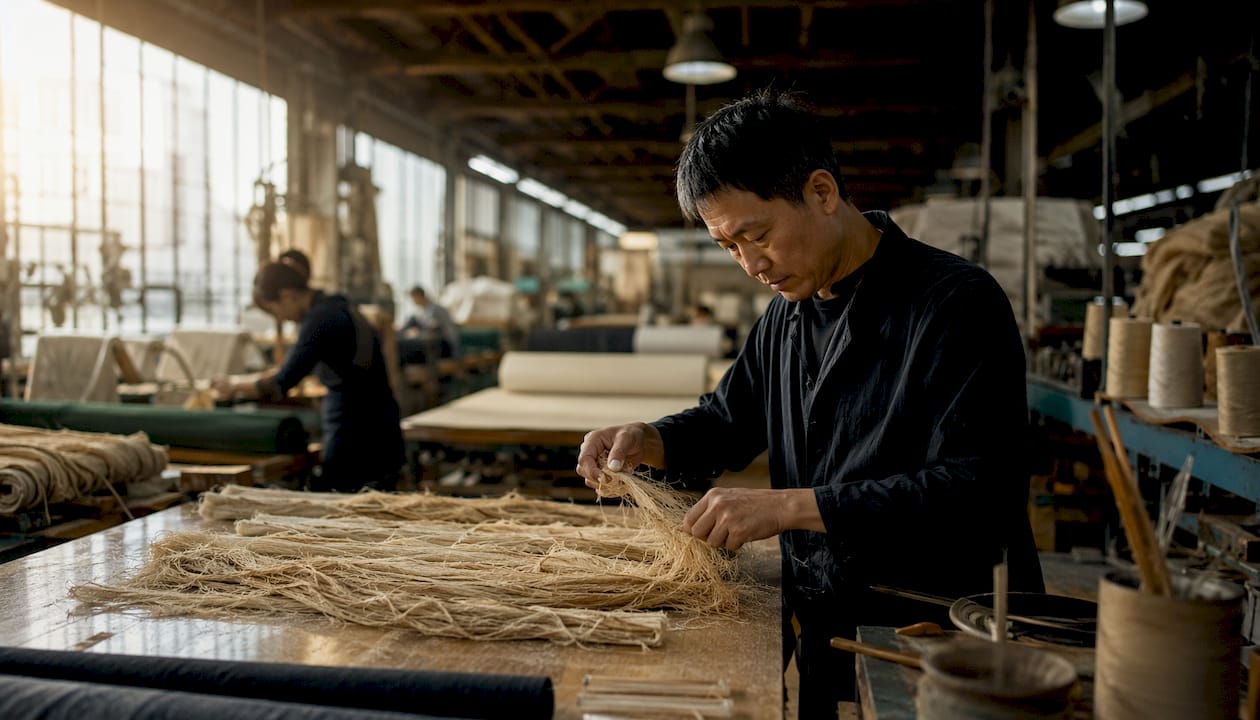 Technician inspecting bamboo fibers in factory