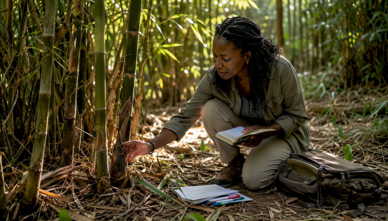 Scientist inspecting growing bamboo outdoors