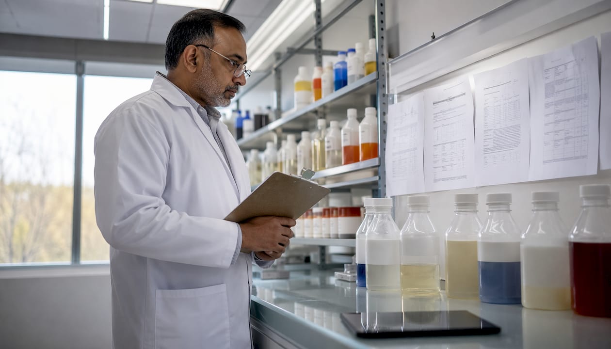 Compliance officer reviewing bluesign chemical standards in lab