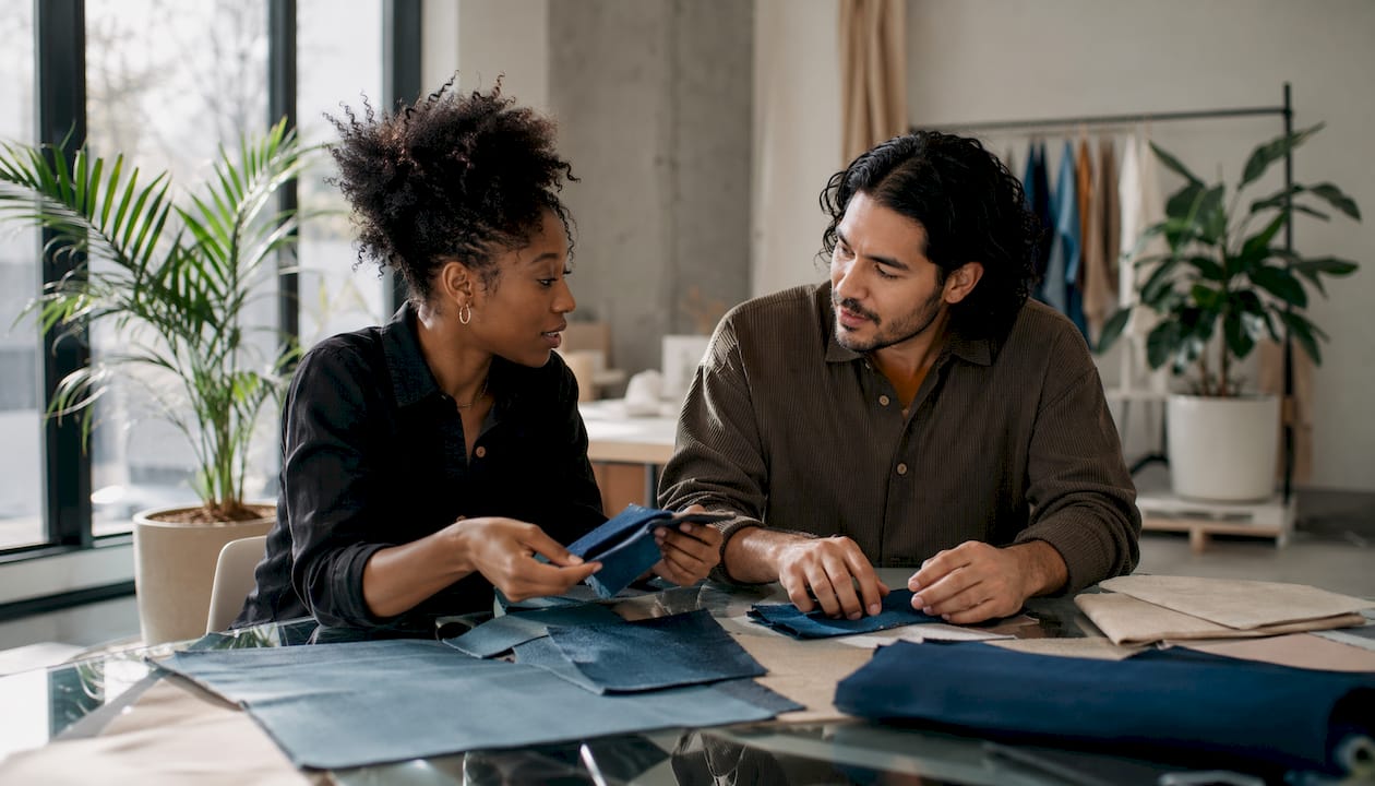Designers evaluating bluesign approved fabrics at brand showroom