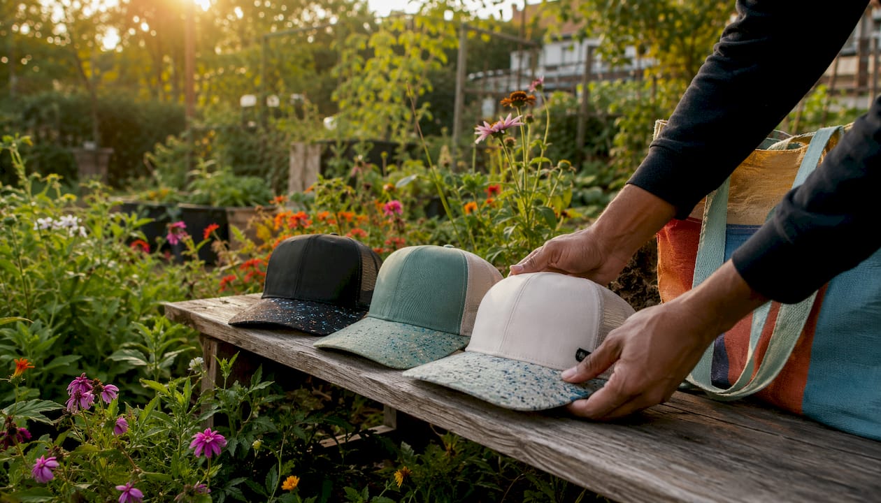 Hand touching recycled material trucker hats outdoors
