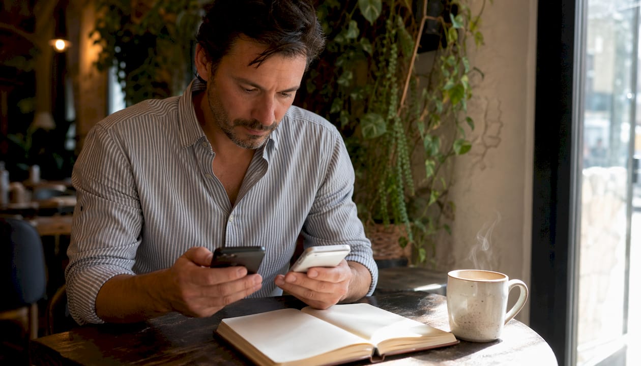 Un homme en train de comparer deux smartphones d’occasion avant de faire son choix