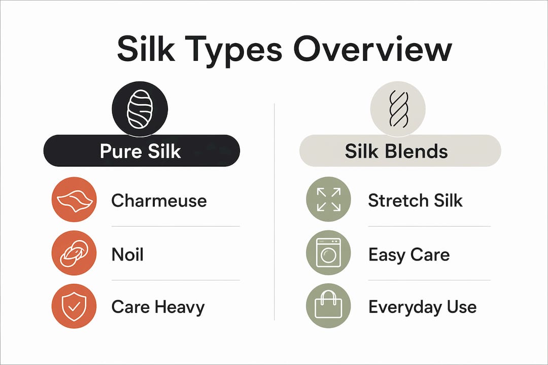 Infographic comparing pure silk and silk blends for bodysuits