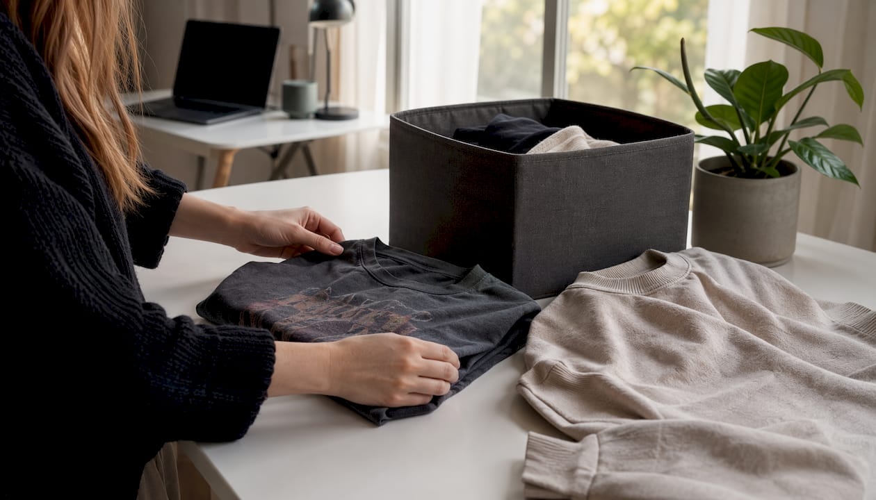 Hands folding sustainable clothes and sewing kit
