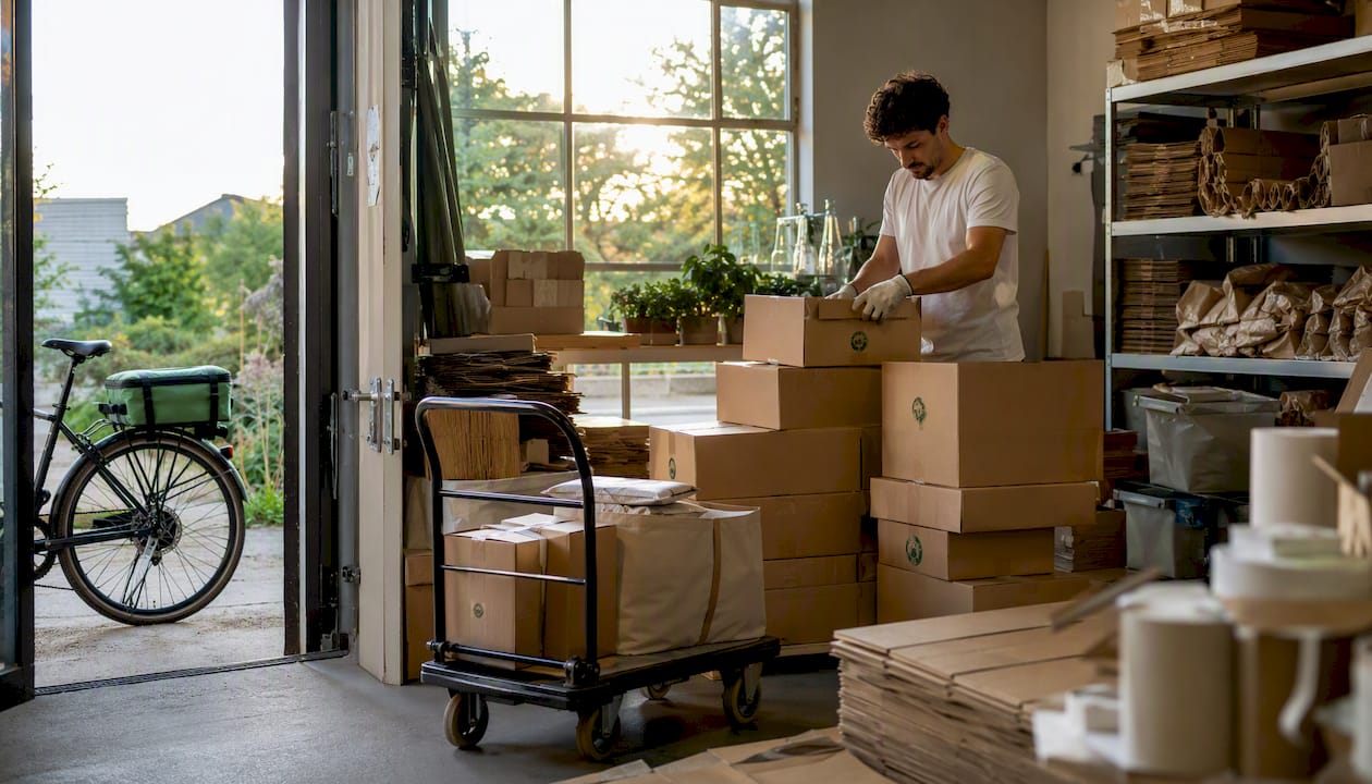 Empleado supervisando el escaneo de cajas para una gestión logística más sostenible