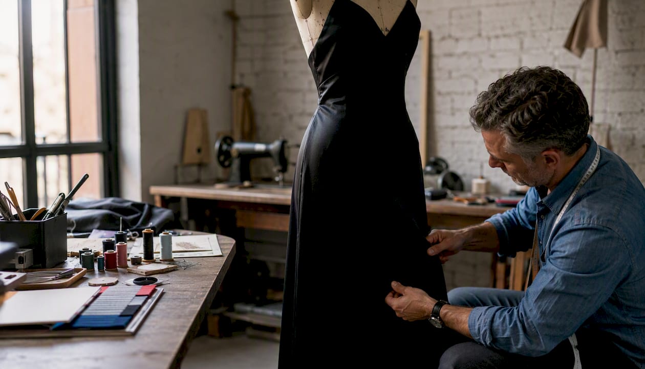 Hands measuring waist of formal dress on mannequin