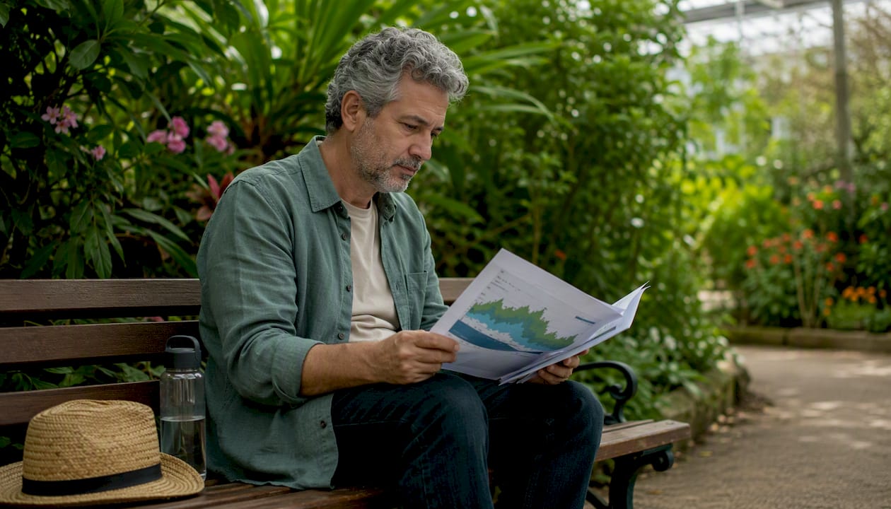 Hombre revisando papeles en un parque ecológico