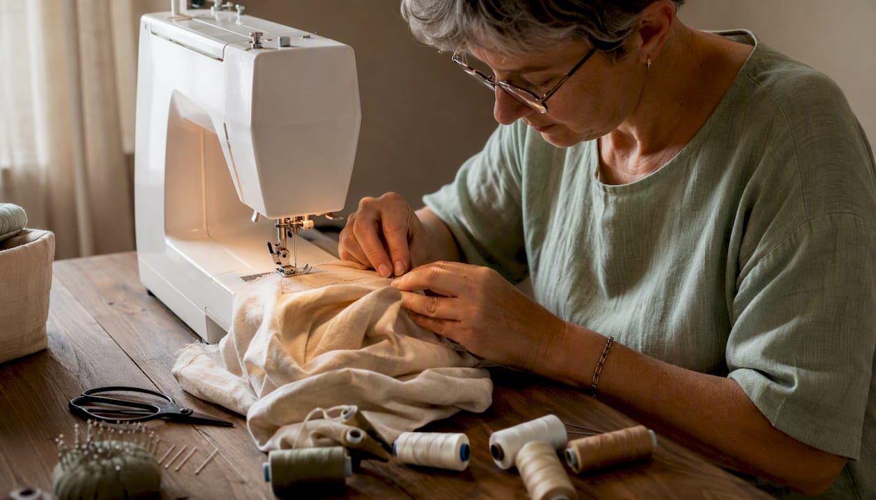 Les mains d’une couturière s’activent sur un tissu éco-responsable dans l’atelier.