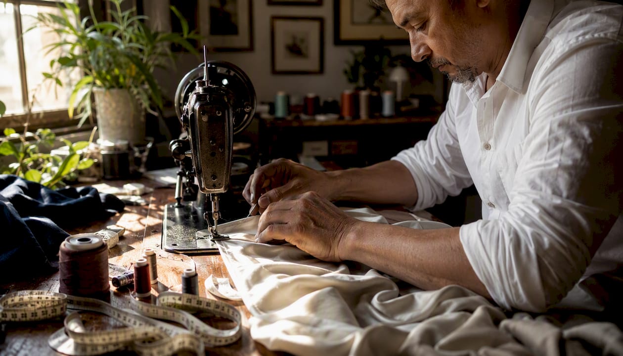Tailor sewing silk underwear in studio