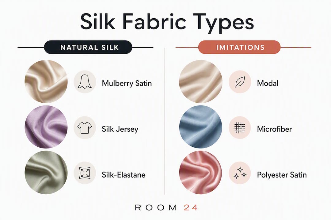 Infographic comparing silk fabric types natural vs imitation