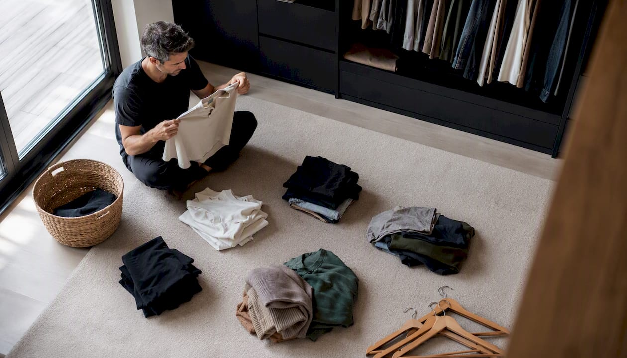 Un homme répartit ses vêtements en cinq tas distincts.