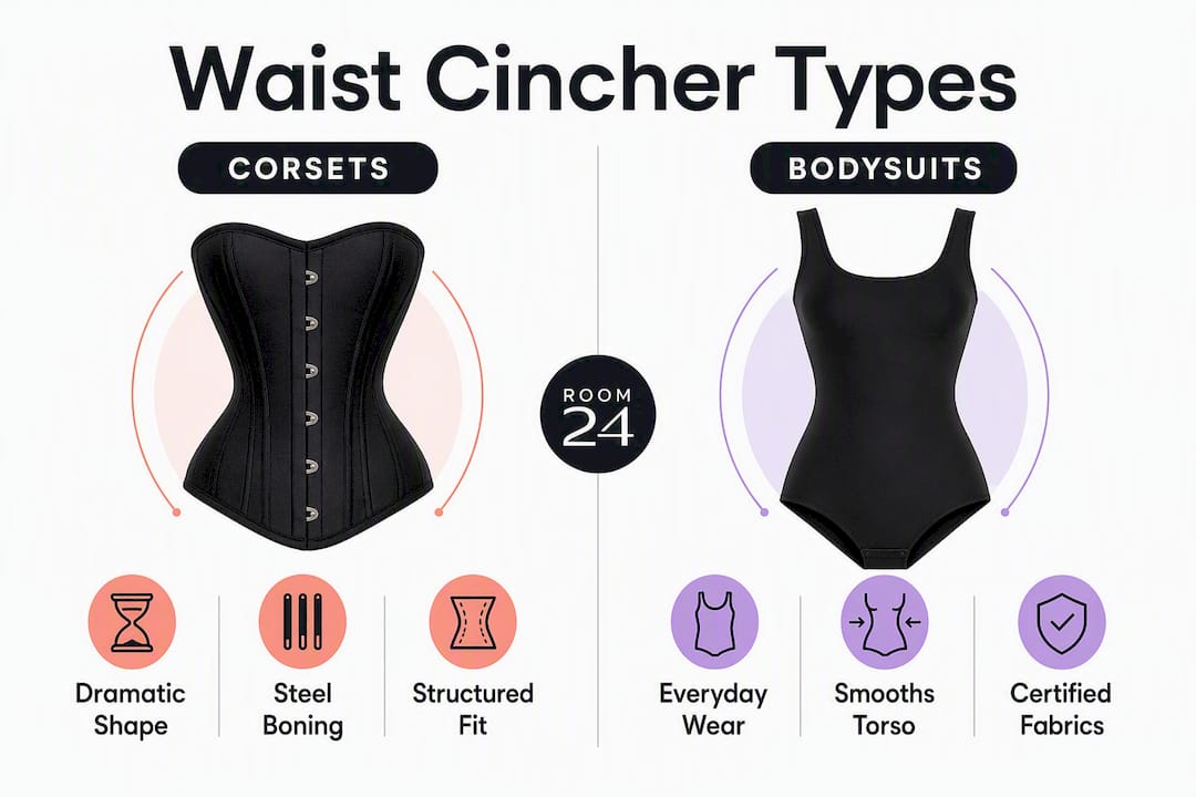 Infographic comparing corsets and bodysuits for waist shaping