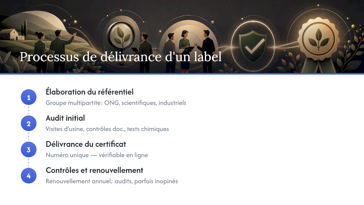 Schéma illustrant les quatre étapes clés de l’obtention de la certification d’un label