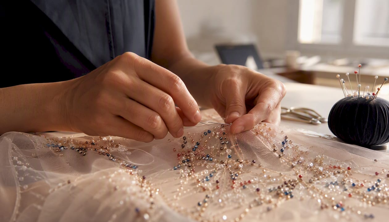 Hands hand-applying beads on dress