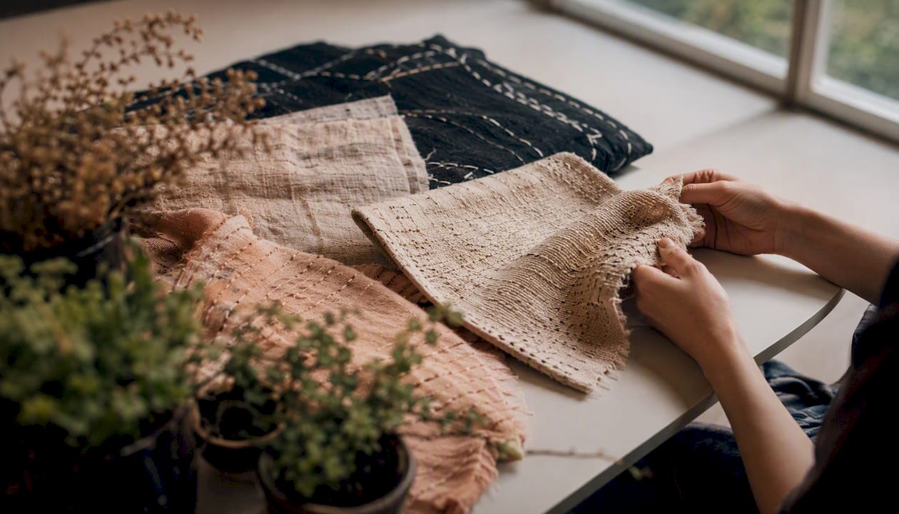 Close-up sustainable fabric textures and handwork