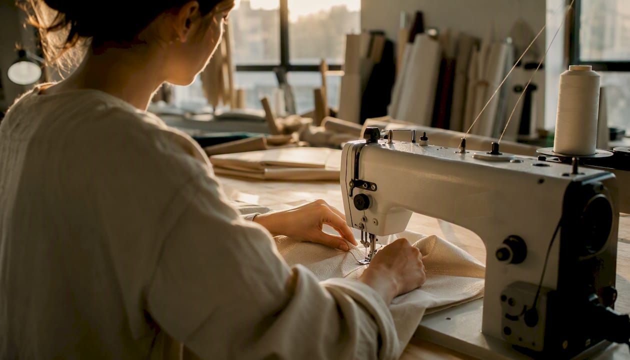 Manos trabajando con telas ecológicas