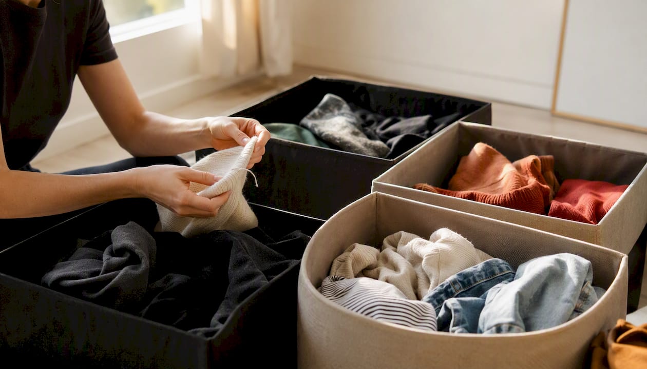 Des mains en train de trier des vêtements par catégorie.