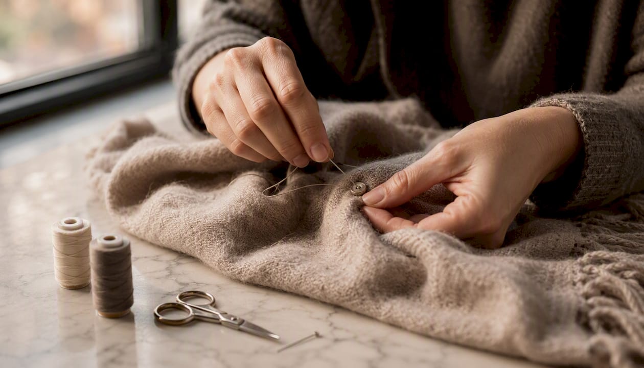 Des mains qui recousent un bouton sur un pull en maille