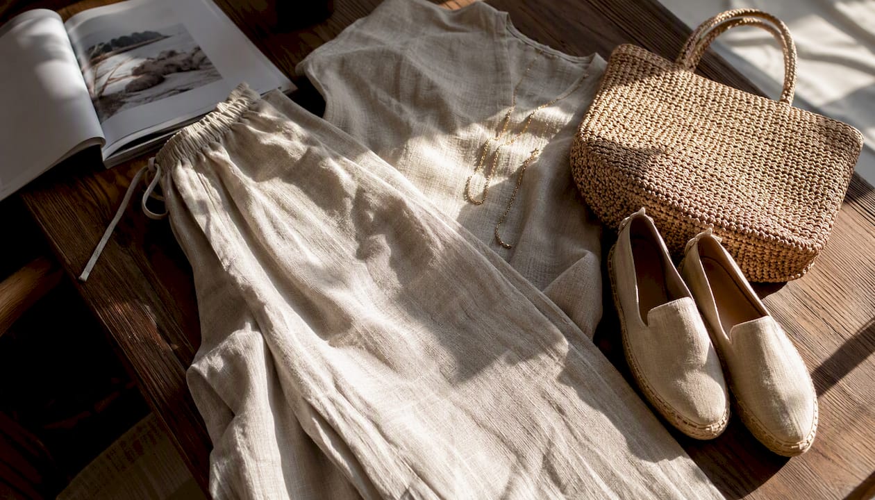 Flat lay of linen co-ord outfit and accessories