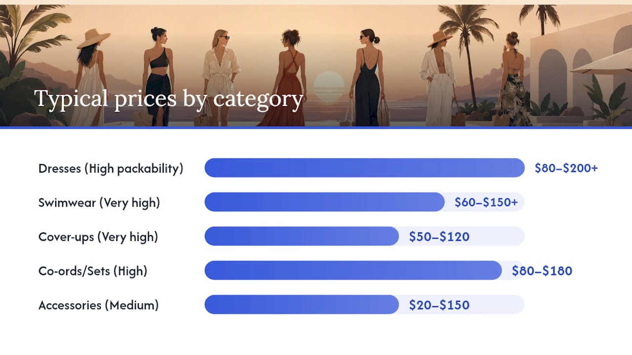 Diagram comparing fabrics, prices, and packability of resort wear categories