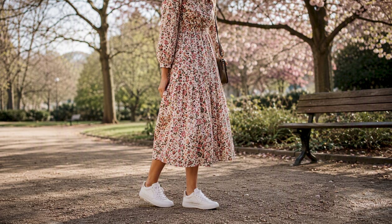 Robe midi rétro associée à une paire de baskets blanches : le combo parfait pour un look à la fois chic et décontracté.