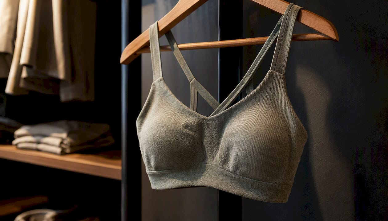 Sustainable bralette hanging on rack