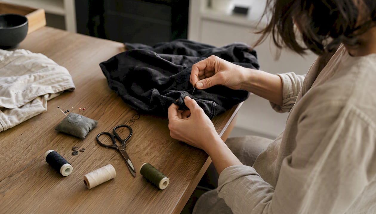 Des mains qui reprisent des vêtements abîmés à l’aiguille et au fil