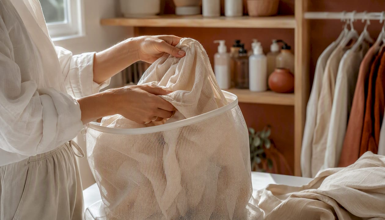 Unas manos guardan una blusa hecha con tela reciclada dentro de una bolsa para la ropa.