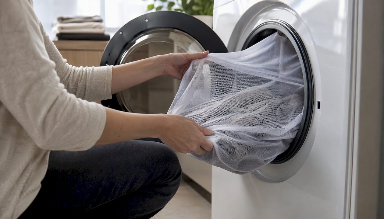 On glisse un sac de lavage spécial microfibres dans le tambour de la machine à laver.