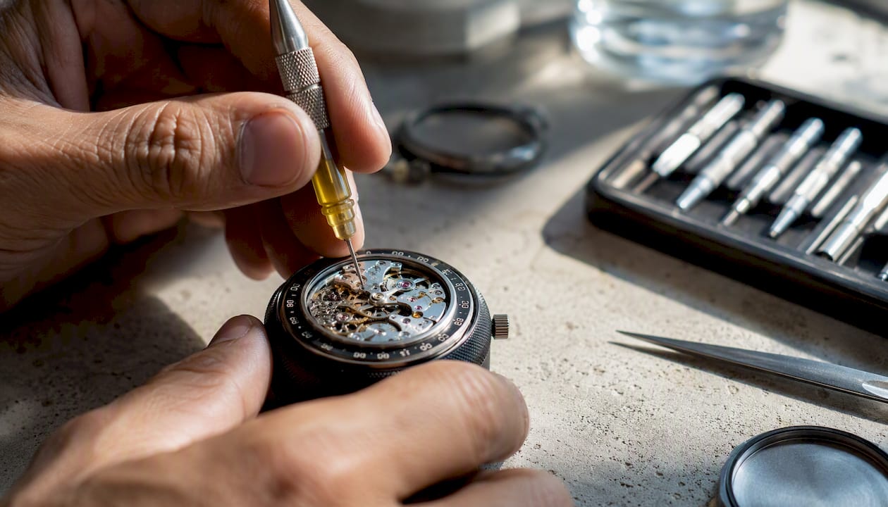 Gros plan sur des mains appliquant de l’huile sur les pièces d’une montre.
