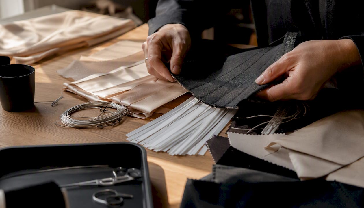 Hands touching corset and bustier materials and boning