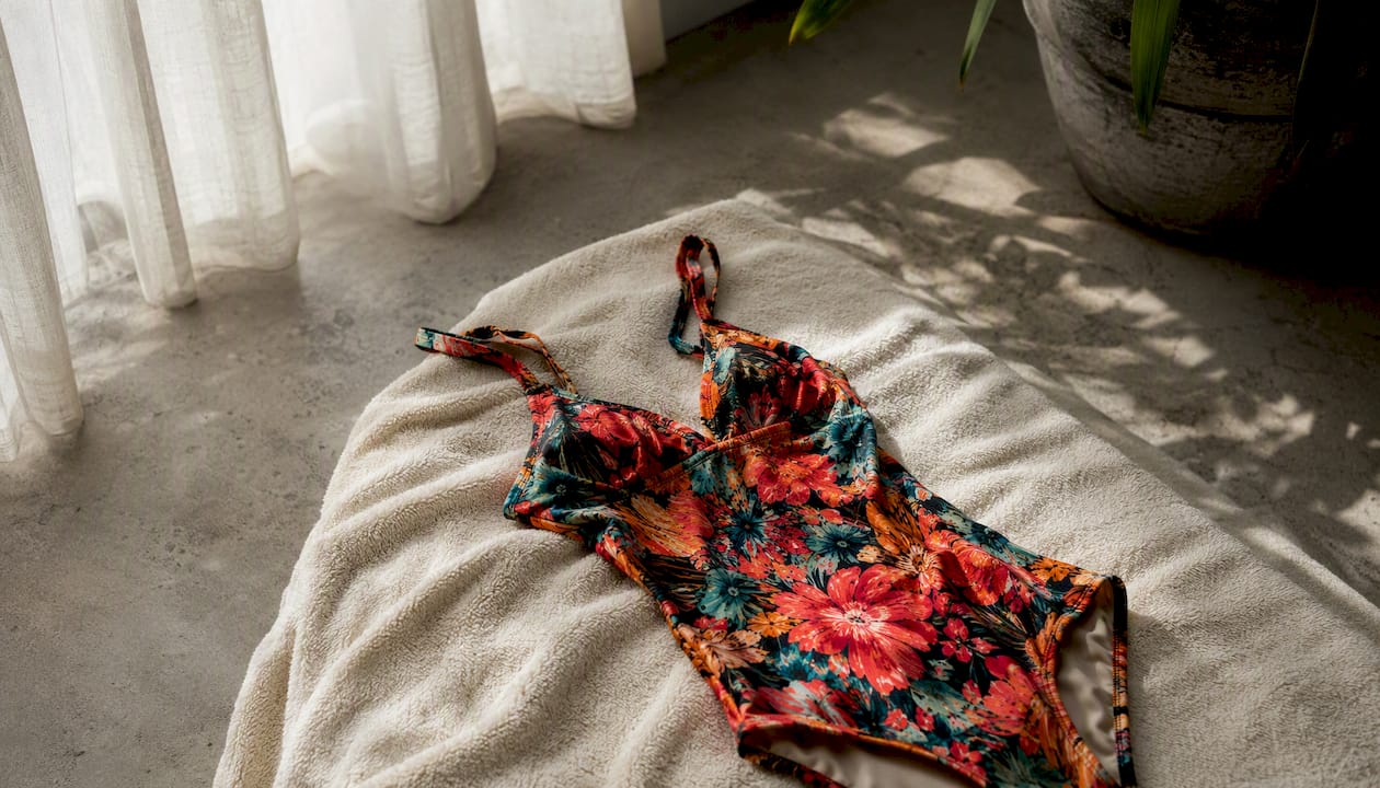 Swimwear drying flat on towel indoors