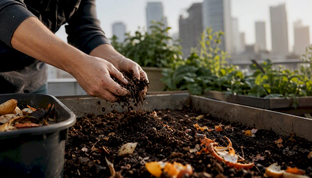 Manos esparciendo compost sobre un huerto urbano