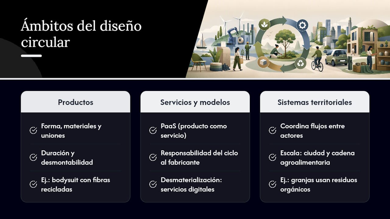 Esquema de los ámbitos del diseño circular y su relación con la economía