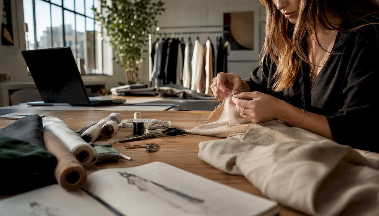 Hands sewing fabric in costume design studio