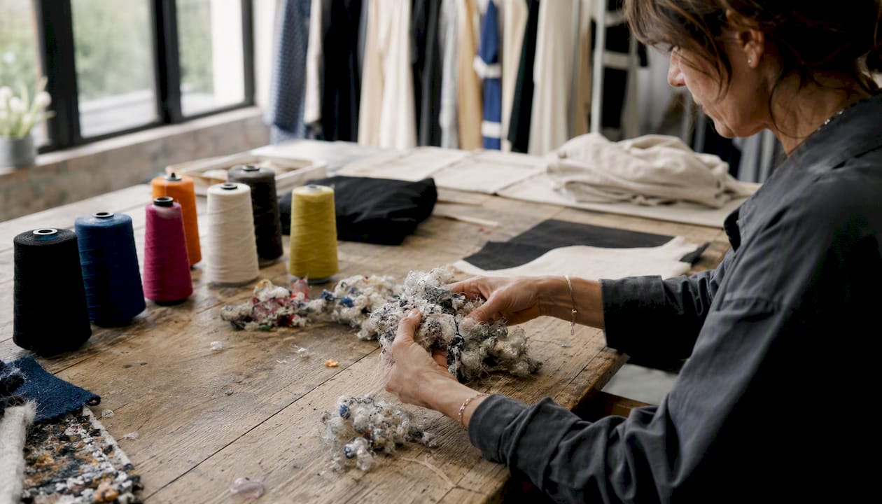 Des mains examinent de près des fibres de coton recyclé.